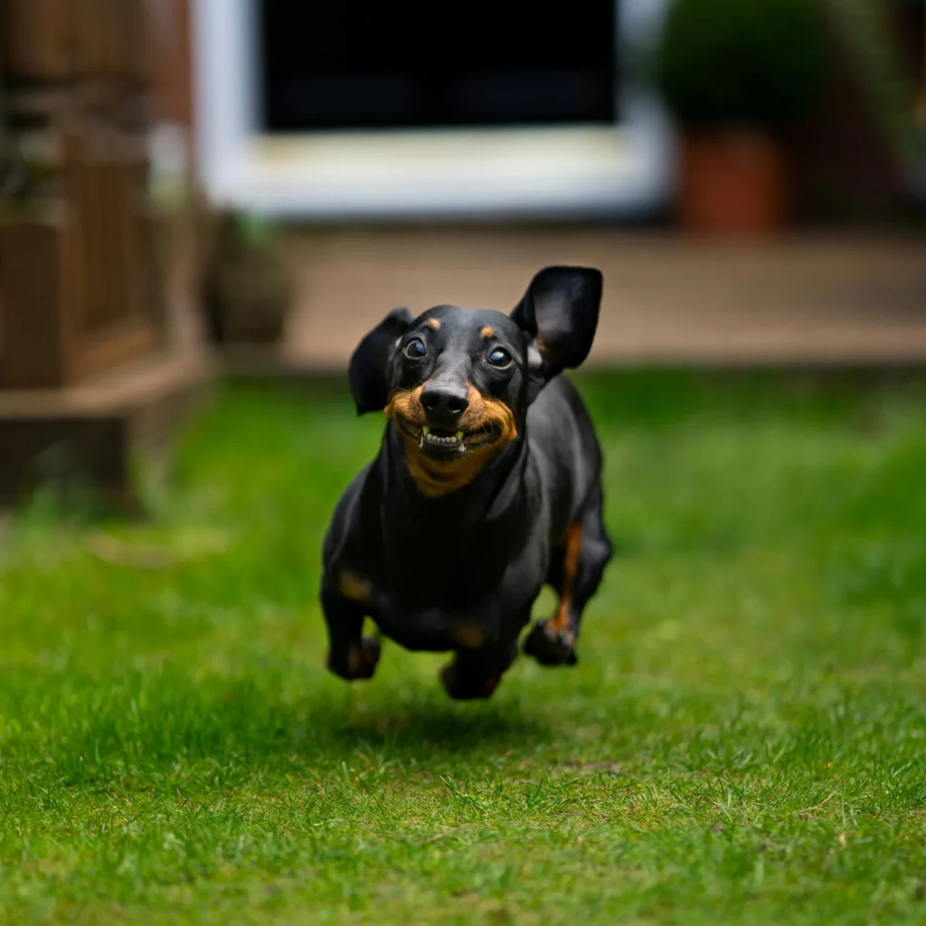 Black Dachshund running in a garden