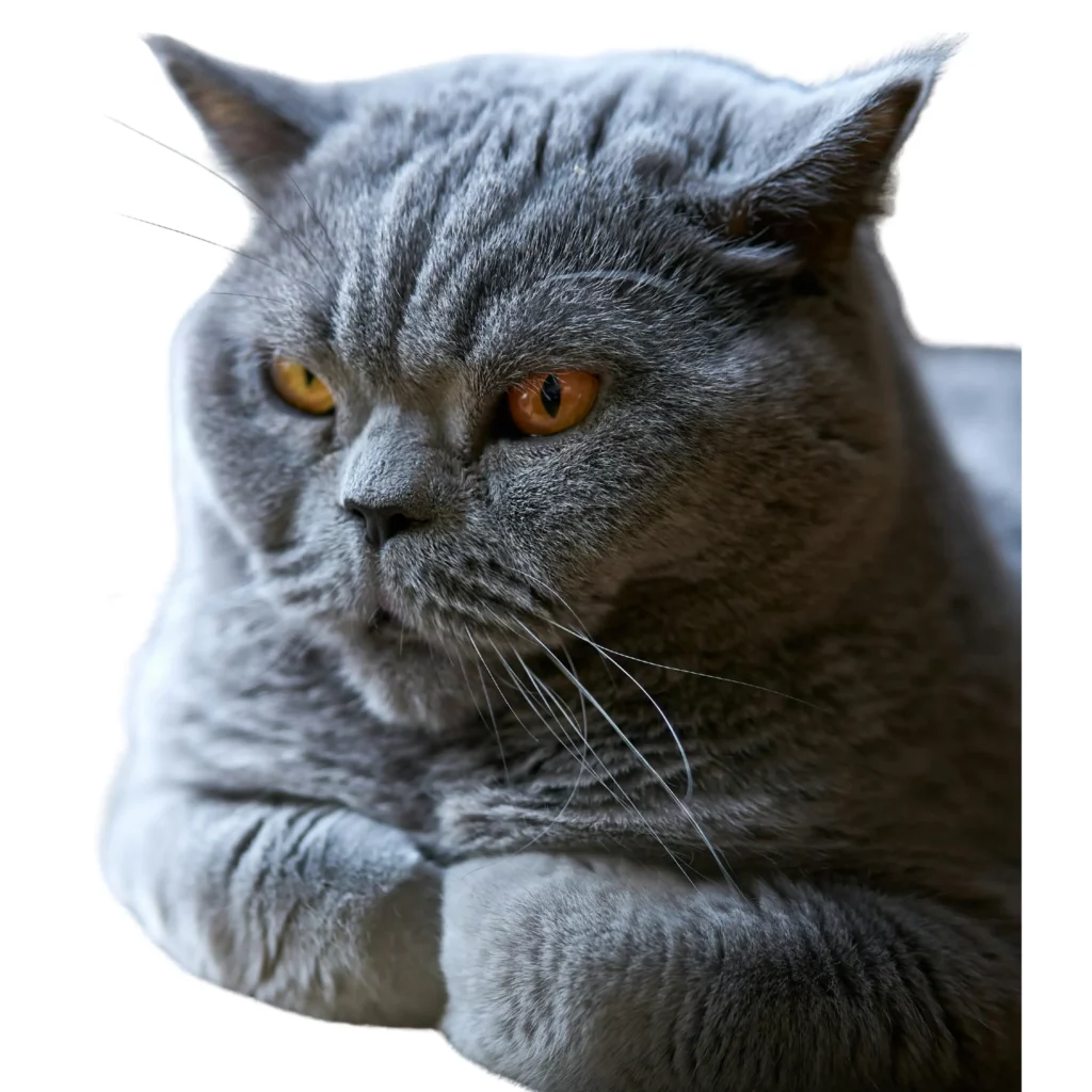 A grumpy looking grey British Shorthair with its paws crossed